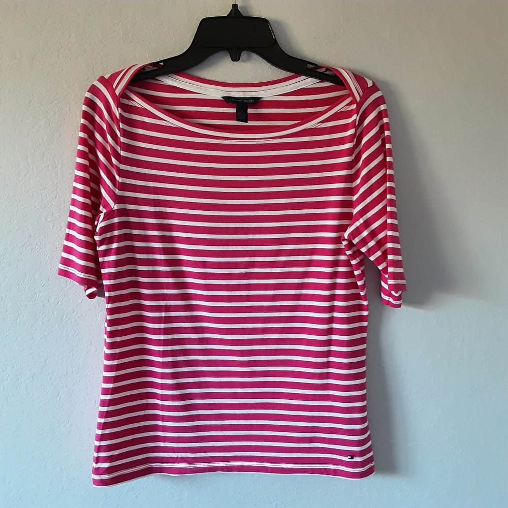 Tommy Hilfiger Pink and White Stiped Women's Shirt - Medium.